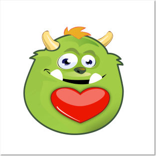 Cute green monster valentine with heart Posters and Art